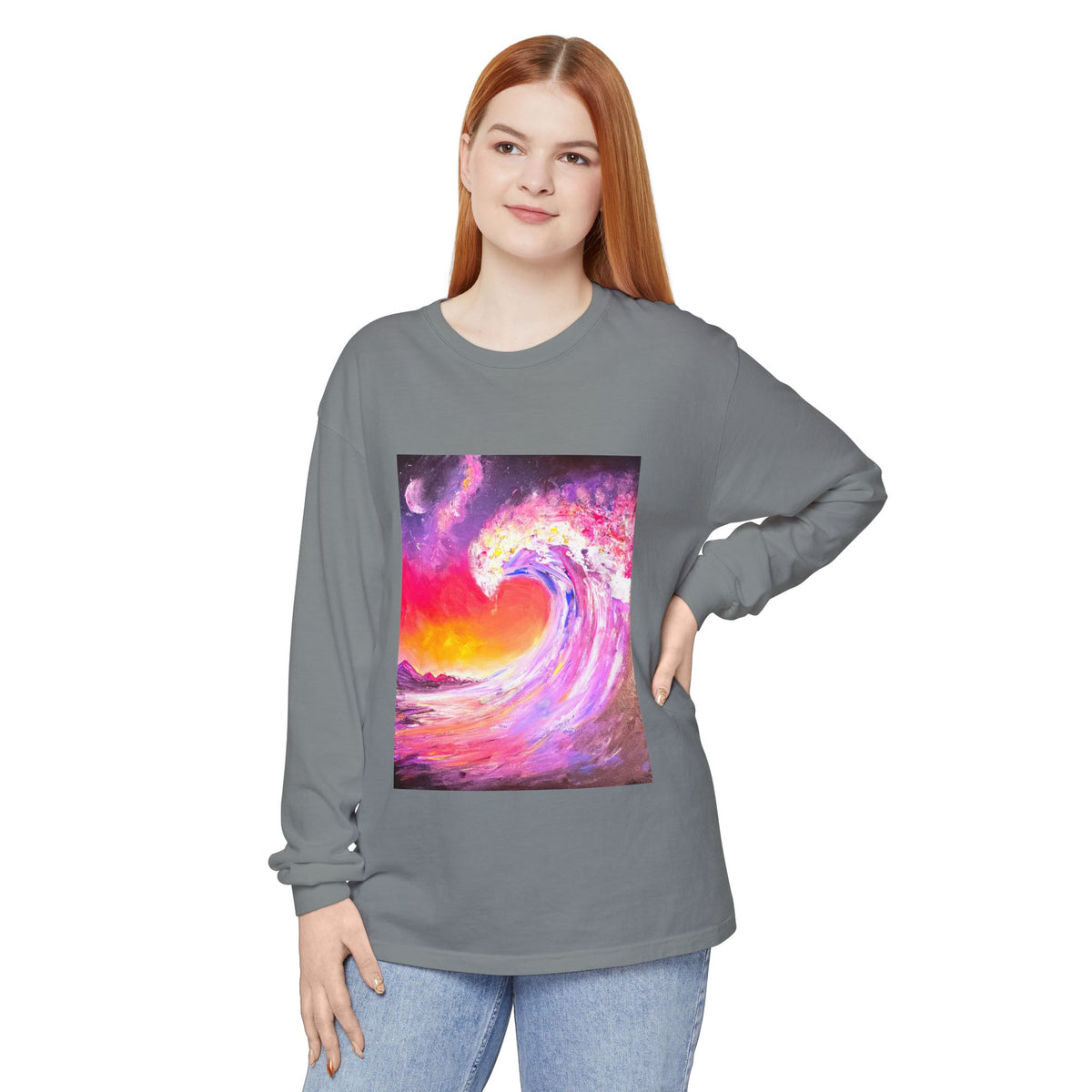 Long Sleeve T-Shirt — Vibrant Pink & Purple Surf Wave Art