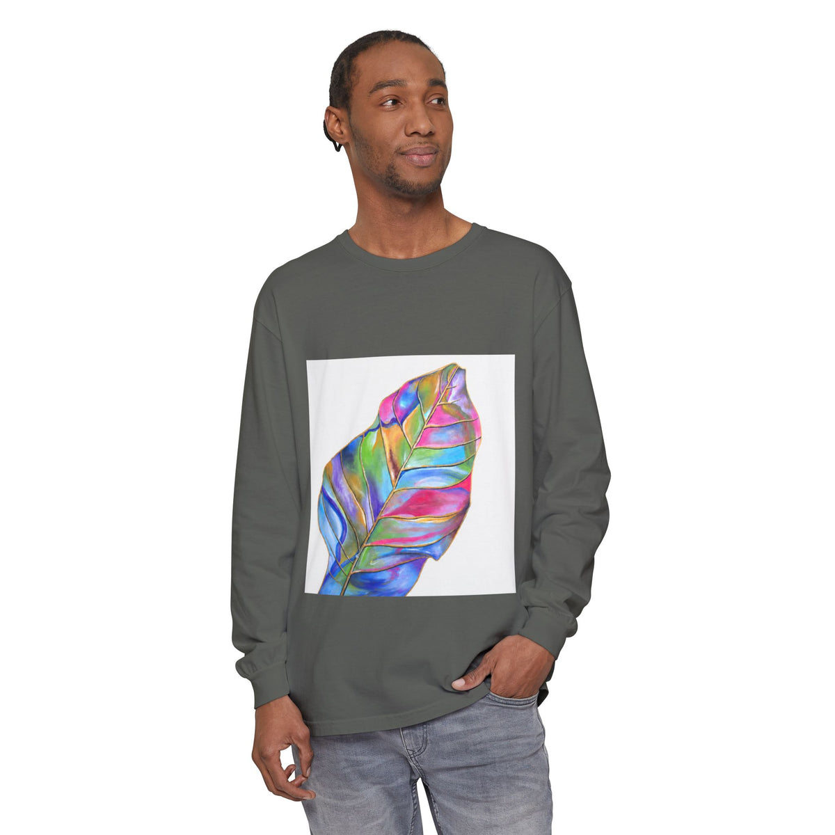 Long Sleeve T-Shirt — Colorful Abstract Leaf Art (ST Back Print)