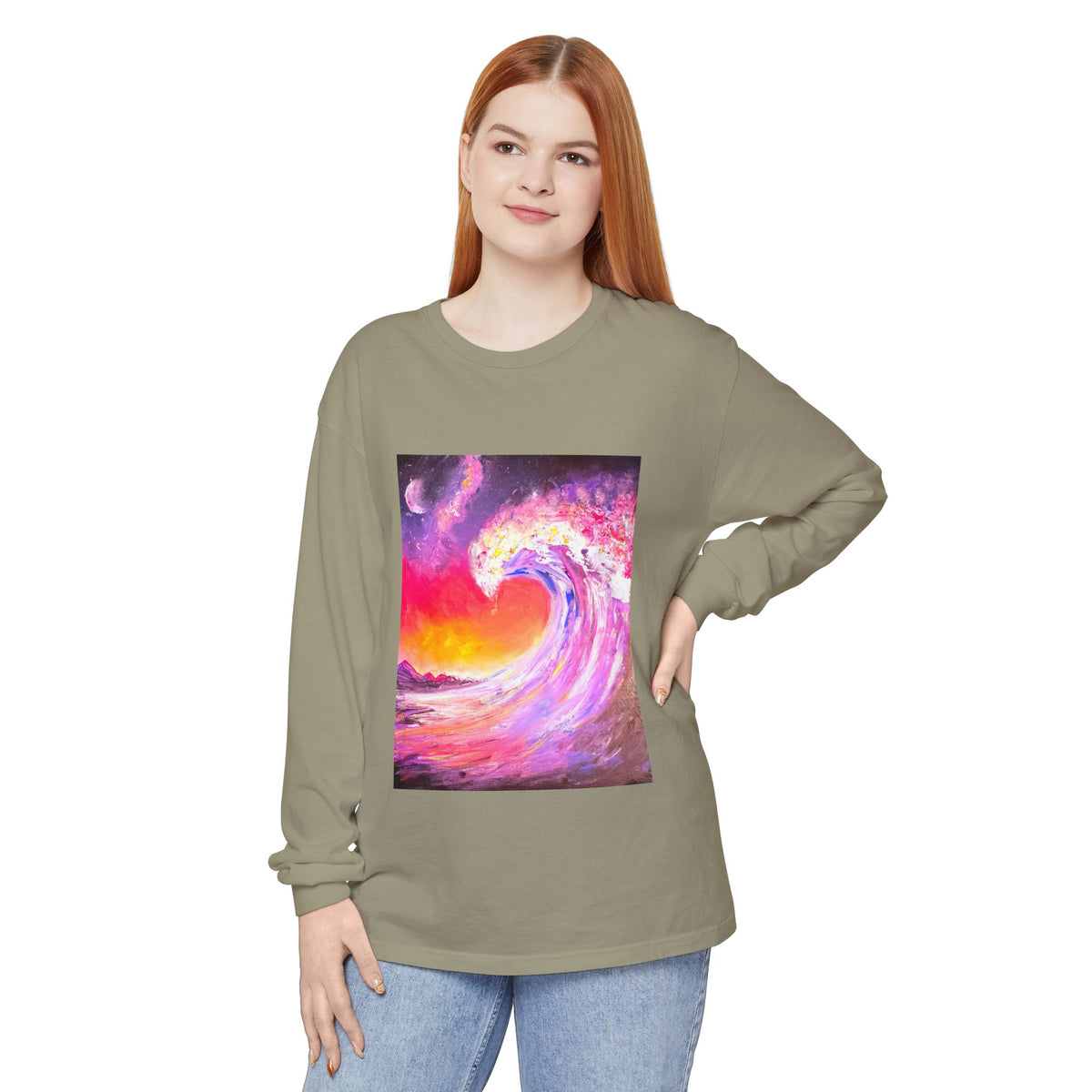 Long Sleeve T-Shirt — Vibrant Pink & Purple Surf Wave Art