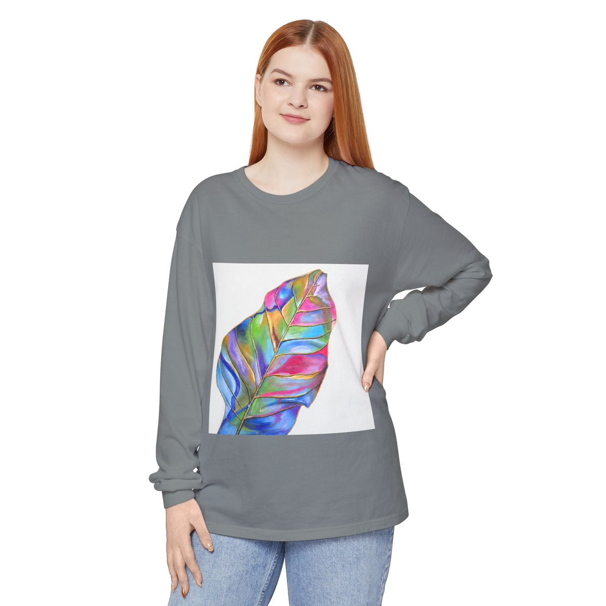 Long Sleeve T-Shirt — Colorful Abstract Leaf Art (ST Back Print)