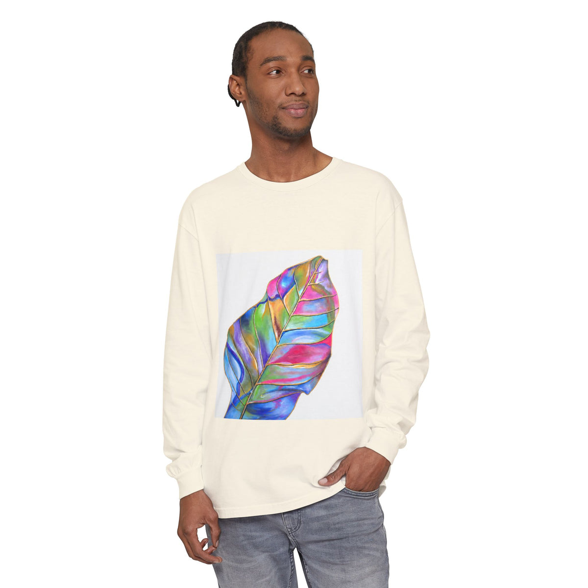 Long Sleeve T-Shirt — Colorful Abstract Leaf Art (ST Back Print)