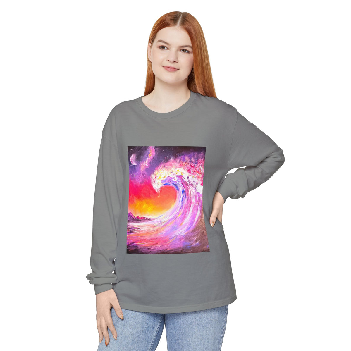 Long Sleeve T-Shirt — Vibrant Pink & Purple Surf Wave Art