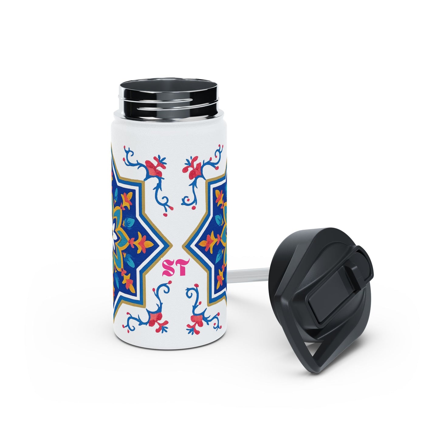 Blue Floral Geometric Design Stainless Steel Water Bottle –