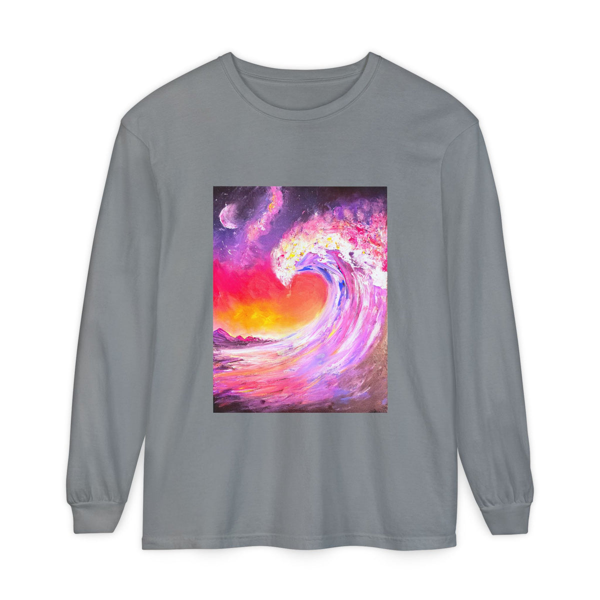 Long Sleeve T-Shirt — Vibrant Pink & Purple Surf Wave Art