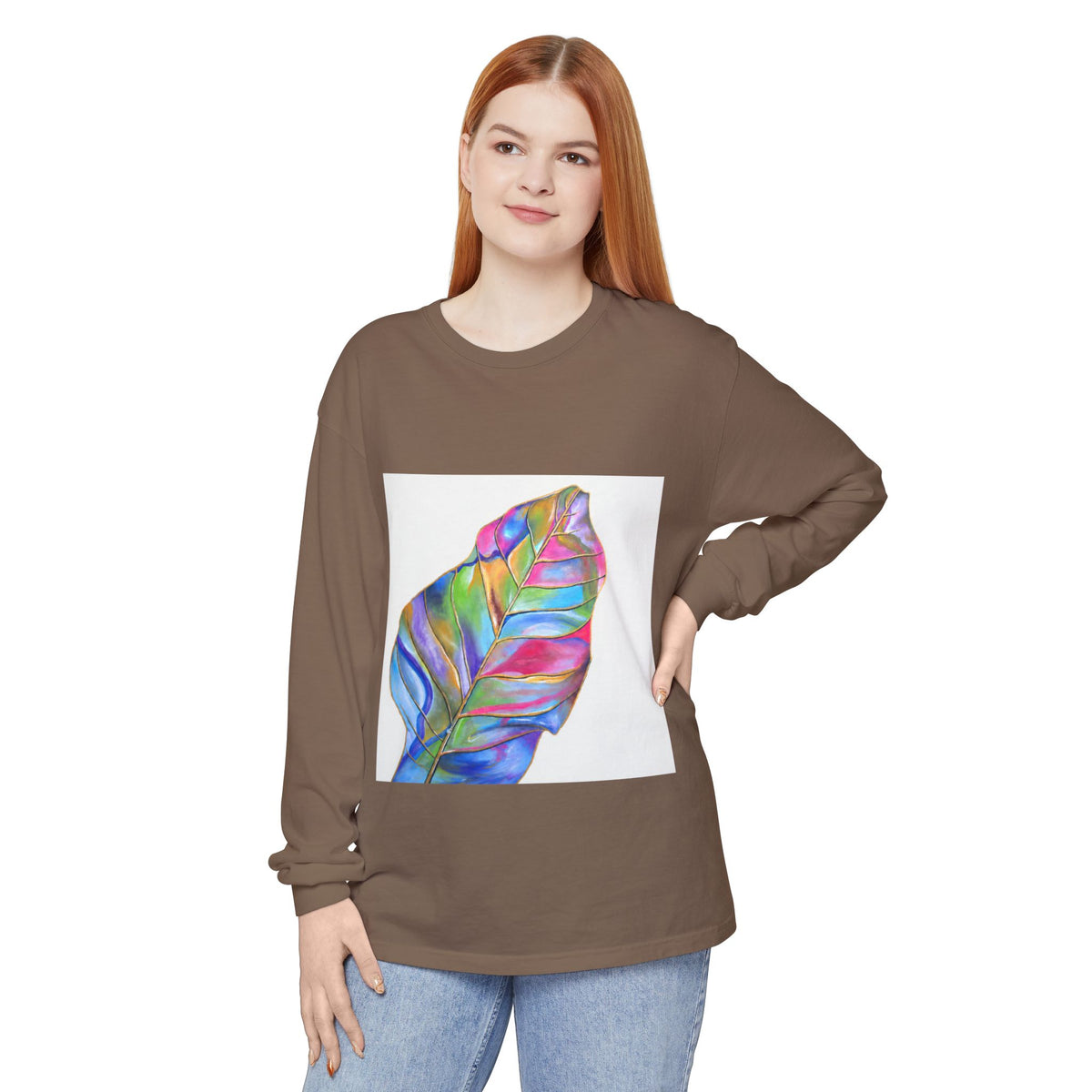 Long Sleeve T-Shirt — Colorful Abstract Leaf Art (ST Back Print)