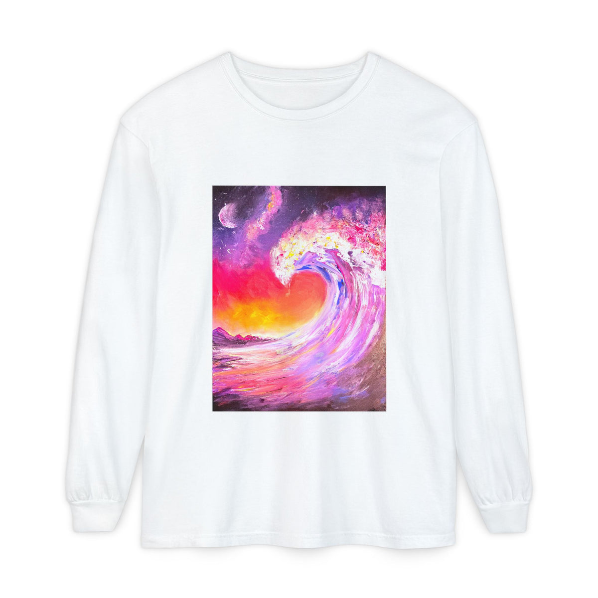 Long Sleeve T-Shirt — Vibrant Pink & Purple Surf Wave Art
