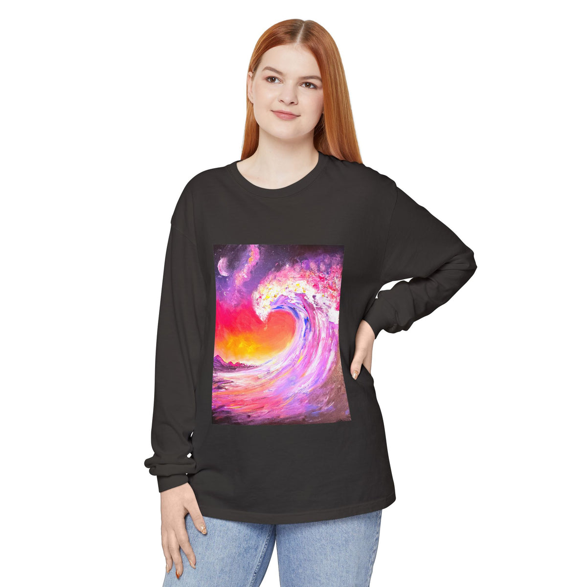 Long Sleeve T-Shirt — Vibrant Pink & Purple Surf Wave Art