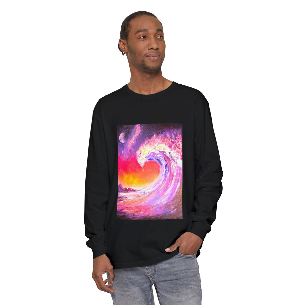 Long Sleeve T-Shirt — Vibrant Pink & Purple Surf Wave Art