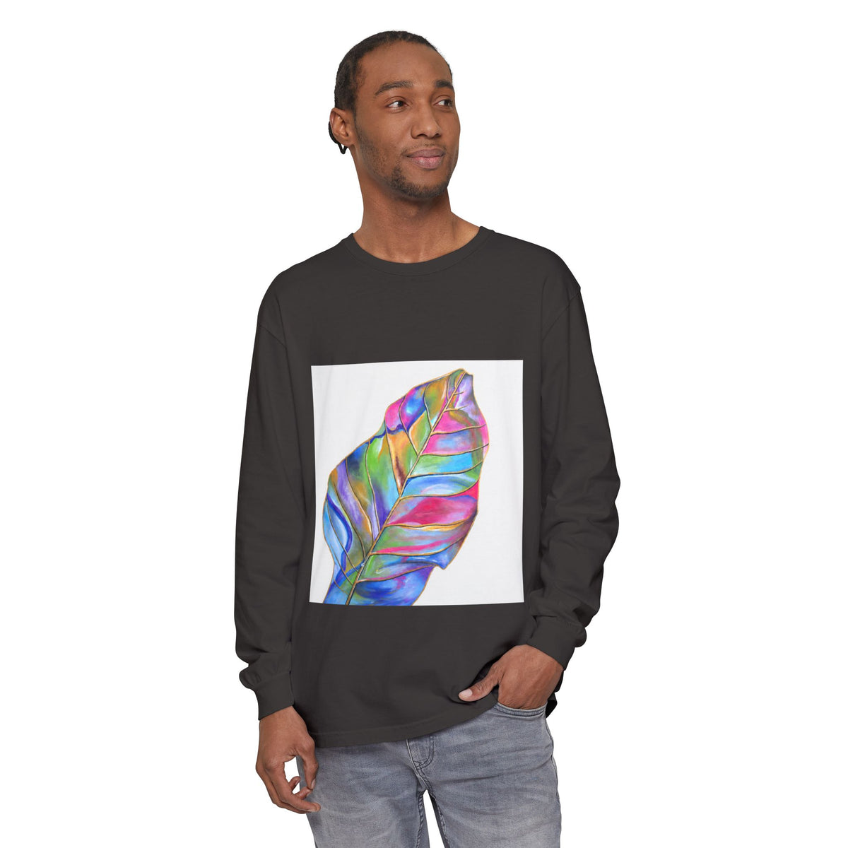 Long Sleeve T-Shirt — Colorful Abstract Leaf Art (ST Back Print)