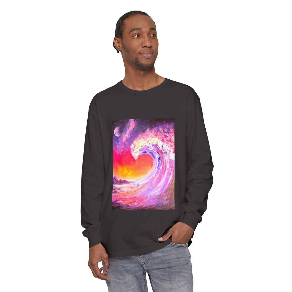 Long Sleeve T-Shirt — Vibrant Pink & Purple Surf Wave Art