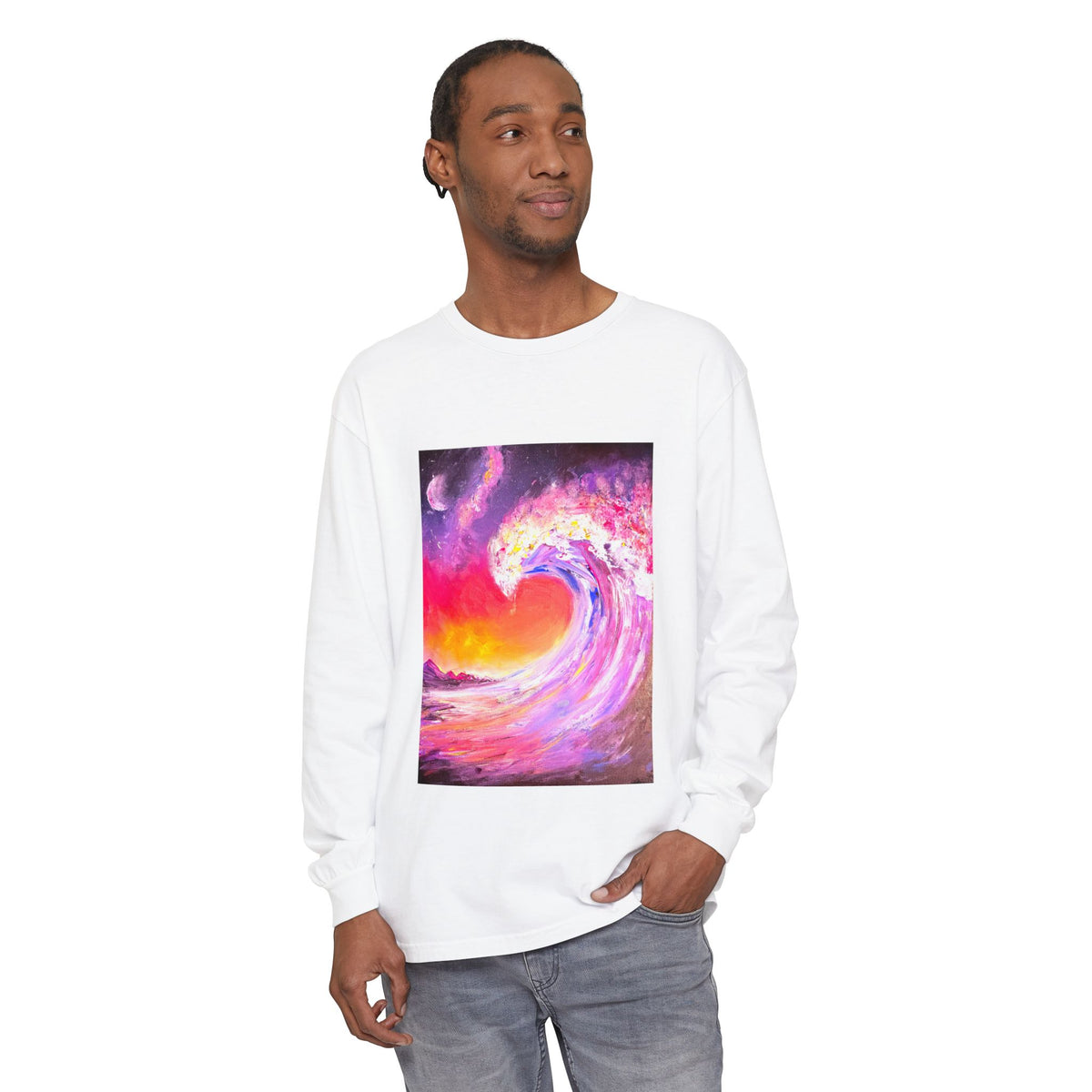 Long Sleeve T-Shirt — Vibrant Pink & Purple Surf Wave Art