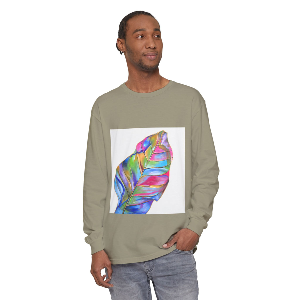 Long Sleeve T-Shirt — Colorful Abstract Leaf Art (ST Back Print)