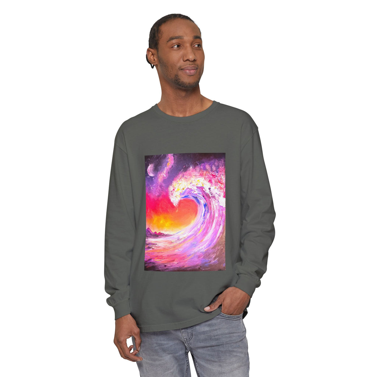 Long Sleeve T-Shirt — Vibrant Pink & Purple Surf Wave Art