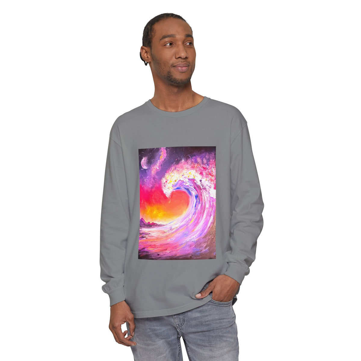 Long Sleeve T-Shirt — Vibrant Pink & Purple Surf Wave Art