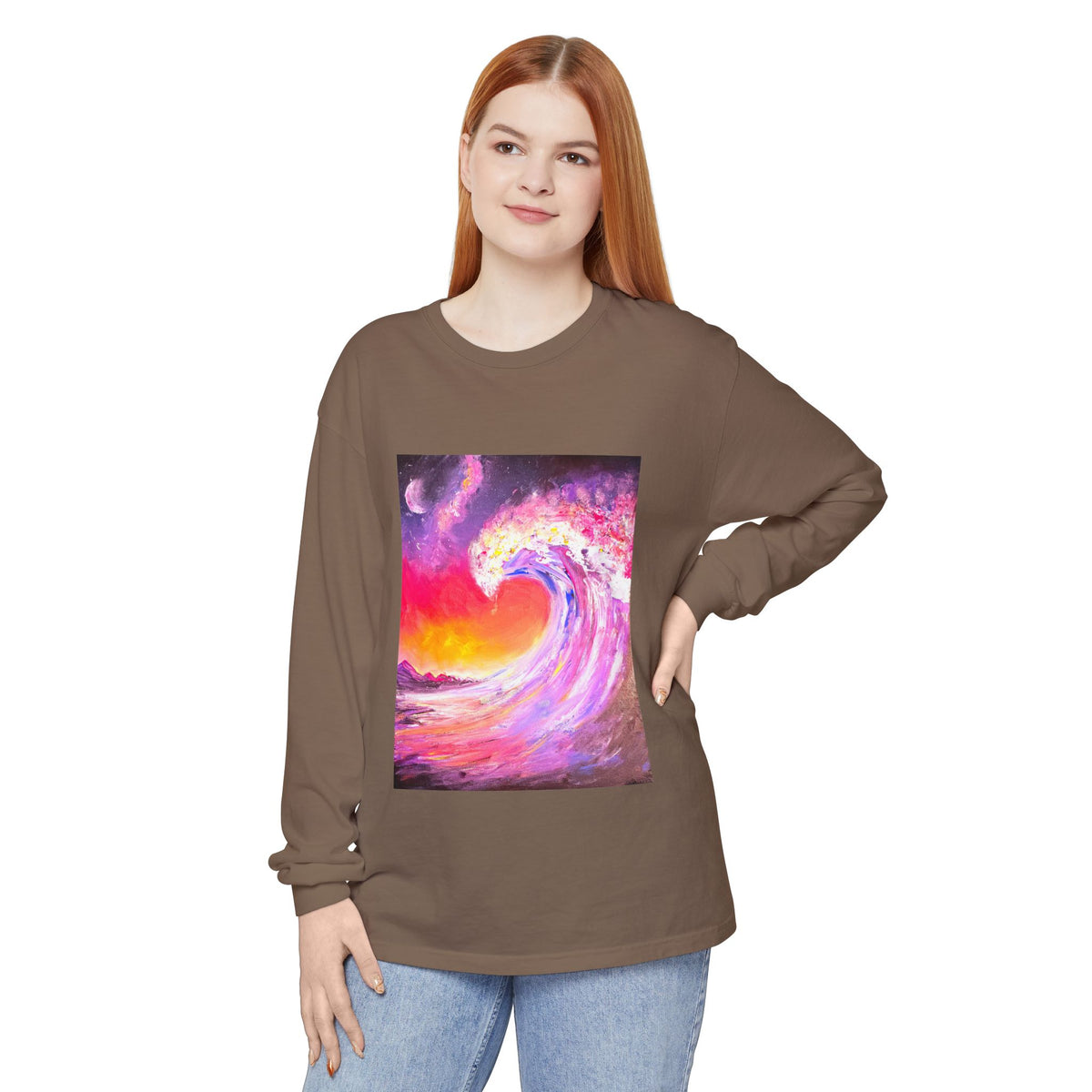 Long Sleeve T-Shirt — Vibrant Pink & Purple Surf Wave Art
