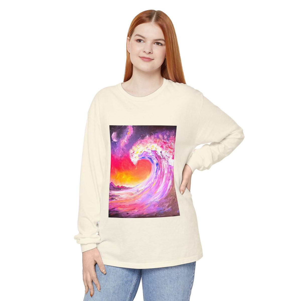 Long Sleeve T-Shirt — Vibrant Pink & Purple Surf Wave Art