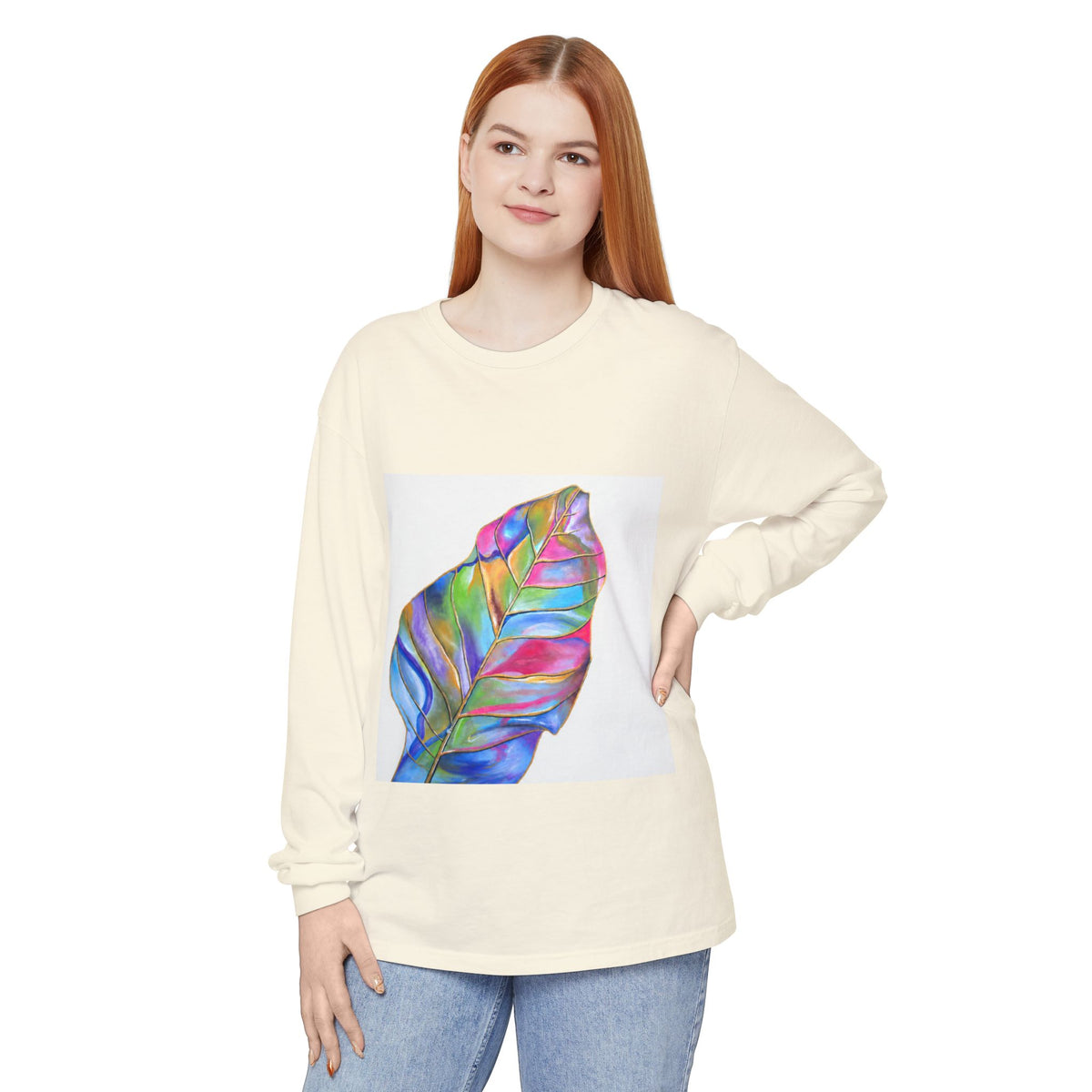 Long Sleeve T-Shirt — Colorful Abstract Leaf Art (ST Back Print)
