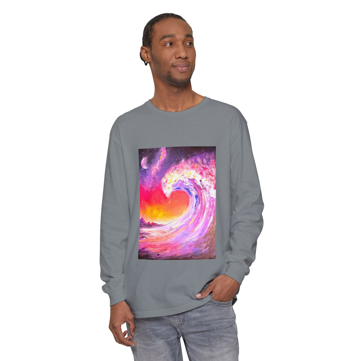 Long Sleeve T-Shirt — Vibrant Pink & Purple Surf Wave Art