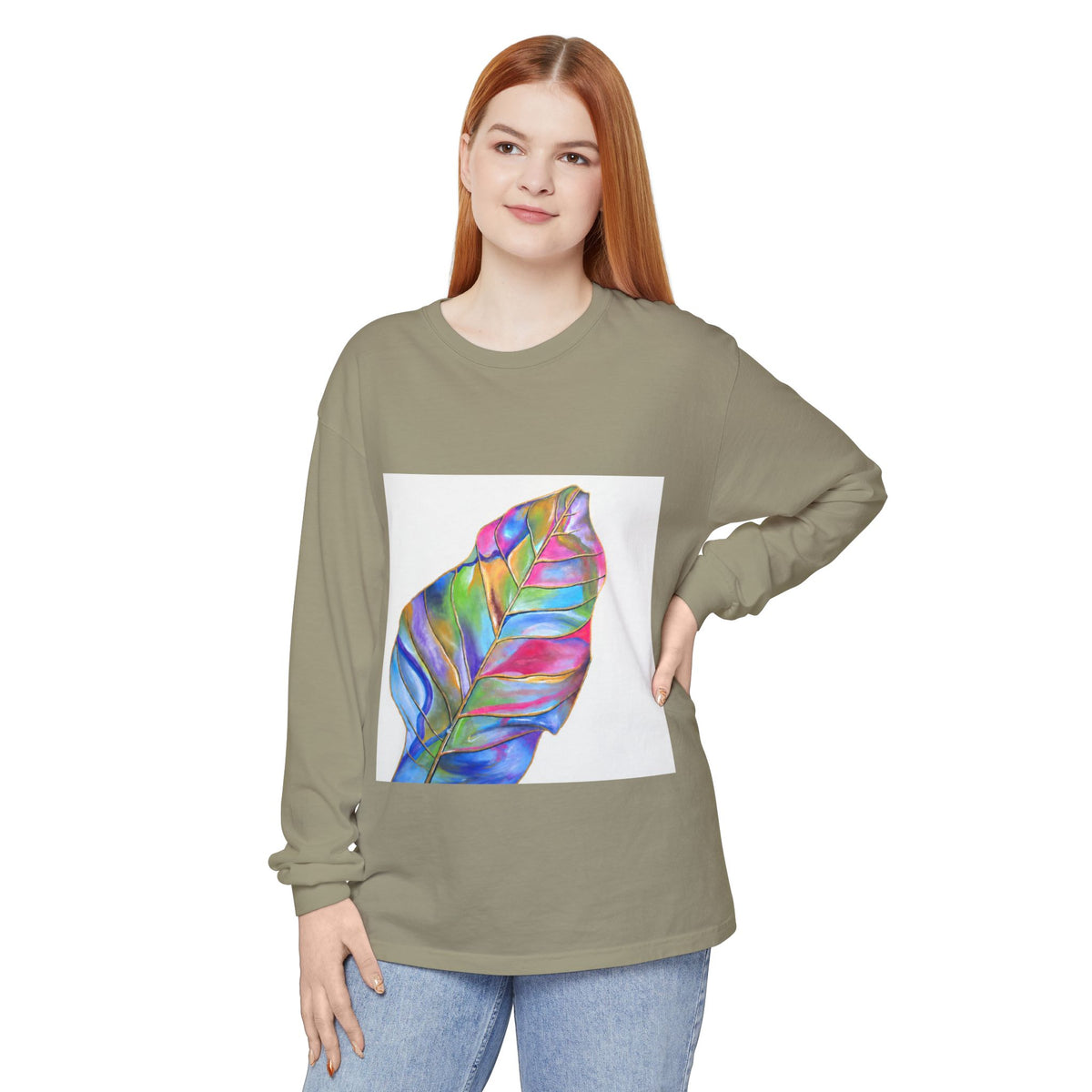 Long Sleeve T-Shirt — Colorful Abstract Leaf Art (ST Back Print)