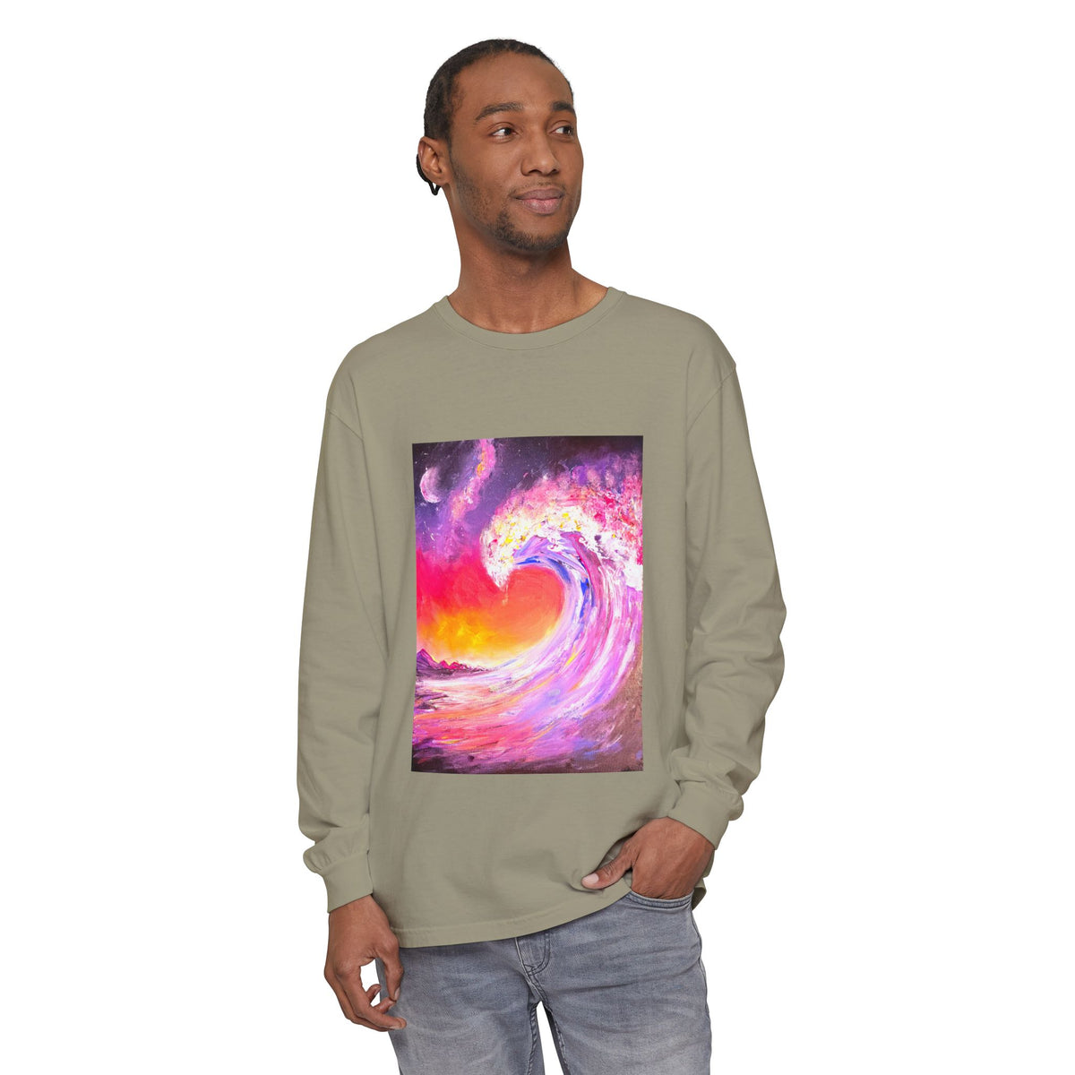 Long Sleeve T-Shirt — Vibrant Pink & Purple Surf Wave Art