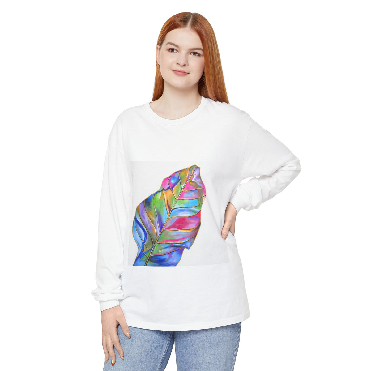 Long Sleeve T-Shirt — Colorful Abstract Leaf Art (ST Back Print)