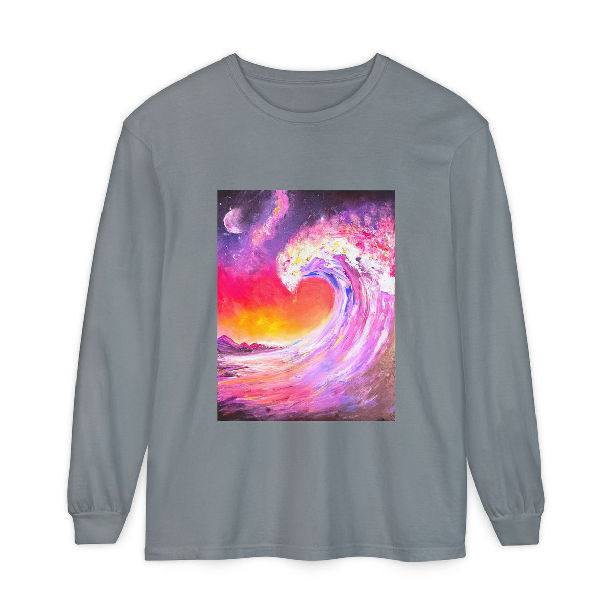 Long Sleeve T-Shirt — Vibrant Pink & Purple Surf Wave Art