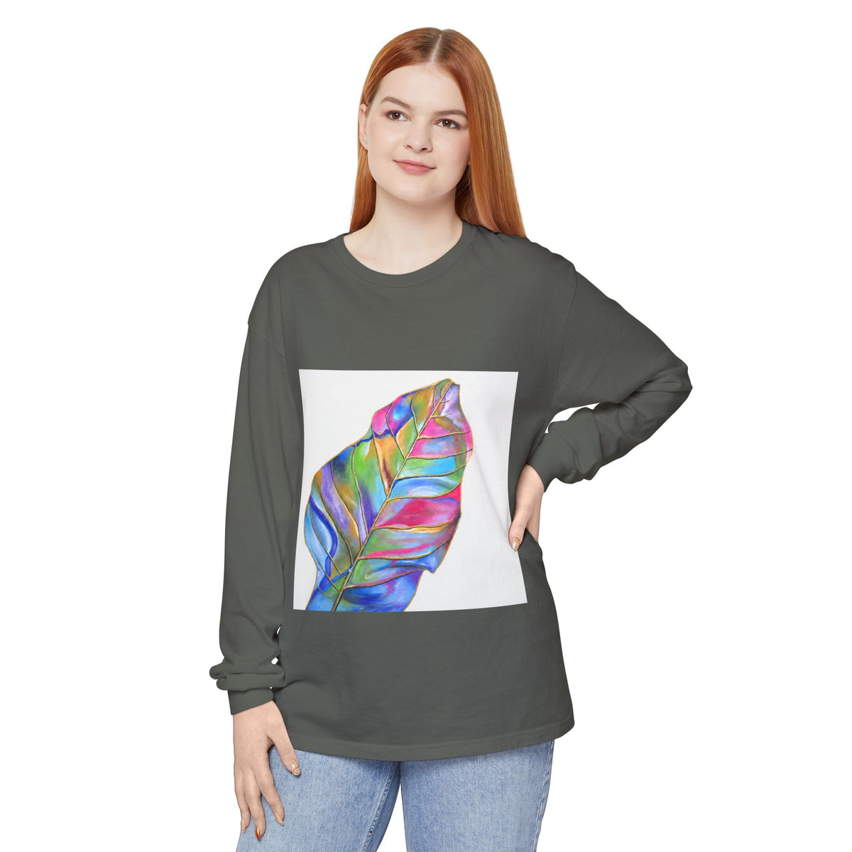 Long Sleeve T-Shirt — Colorful Abstract Leaf Art (ST Back Print)