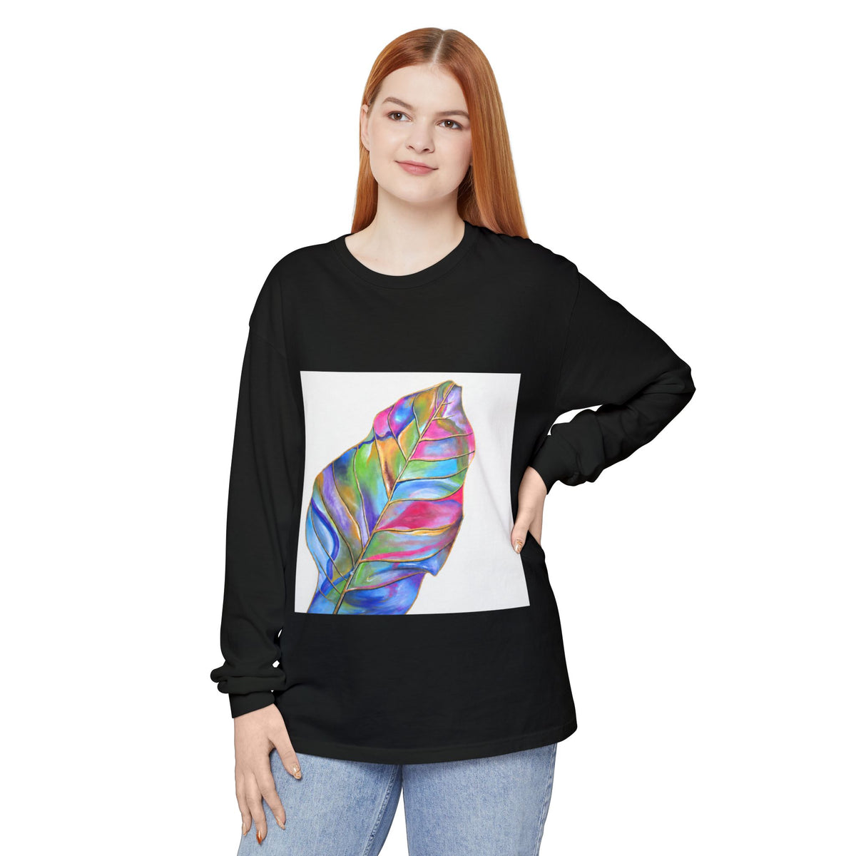 Long Sleeve T-Shirt — Colorful Abstract Leaf Art (ST Back Print)