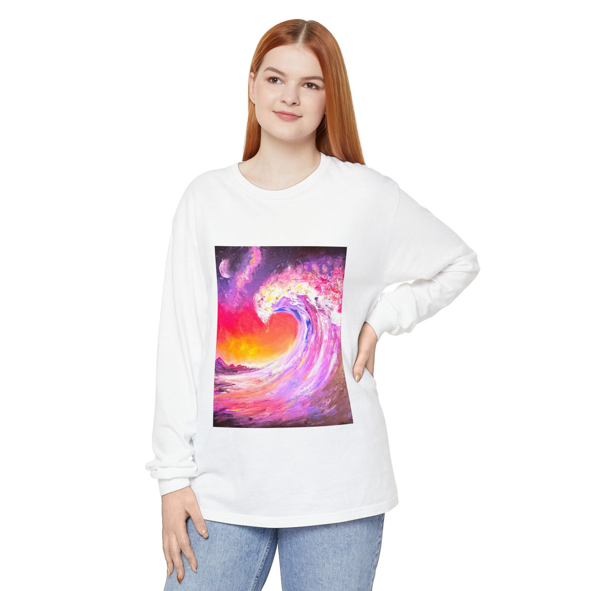 Long Sleeve T-Shirt — Vibrant Pink & Purple Surf Wave Art