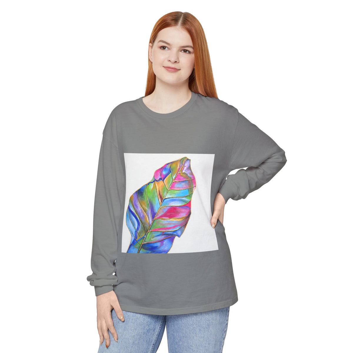 Long Sleeve T-Shirt — Colorful Abstract Leaf Art (ST Back Print)