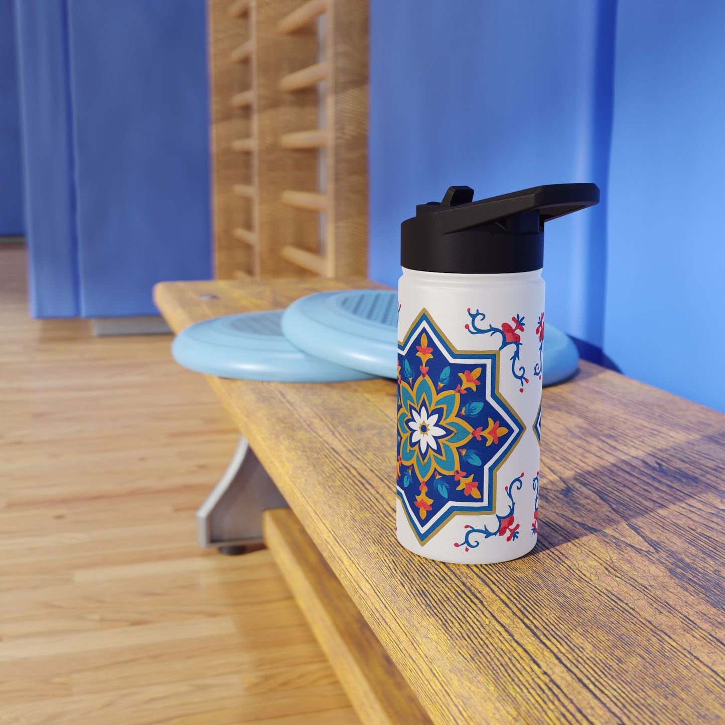 Blue Floral Geometric Design Stainless Steel Water Bottle –