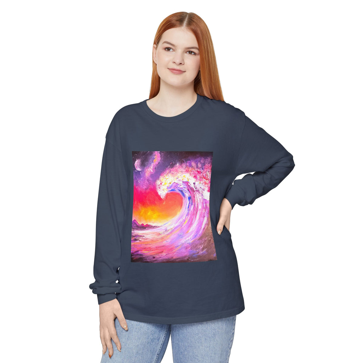 Long Sleeve T-Shirt — Vibrant Pink & Purple Surf Wave Art
