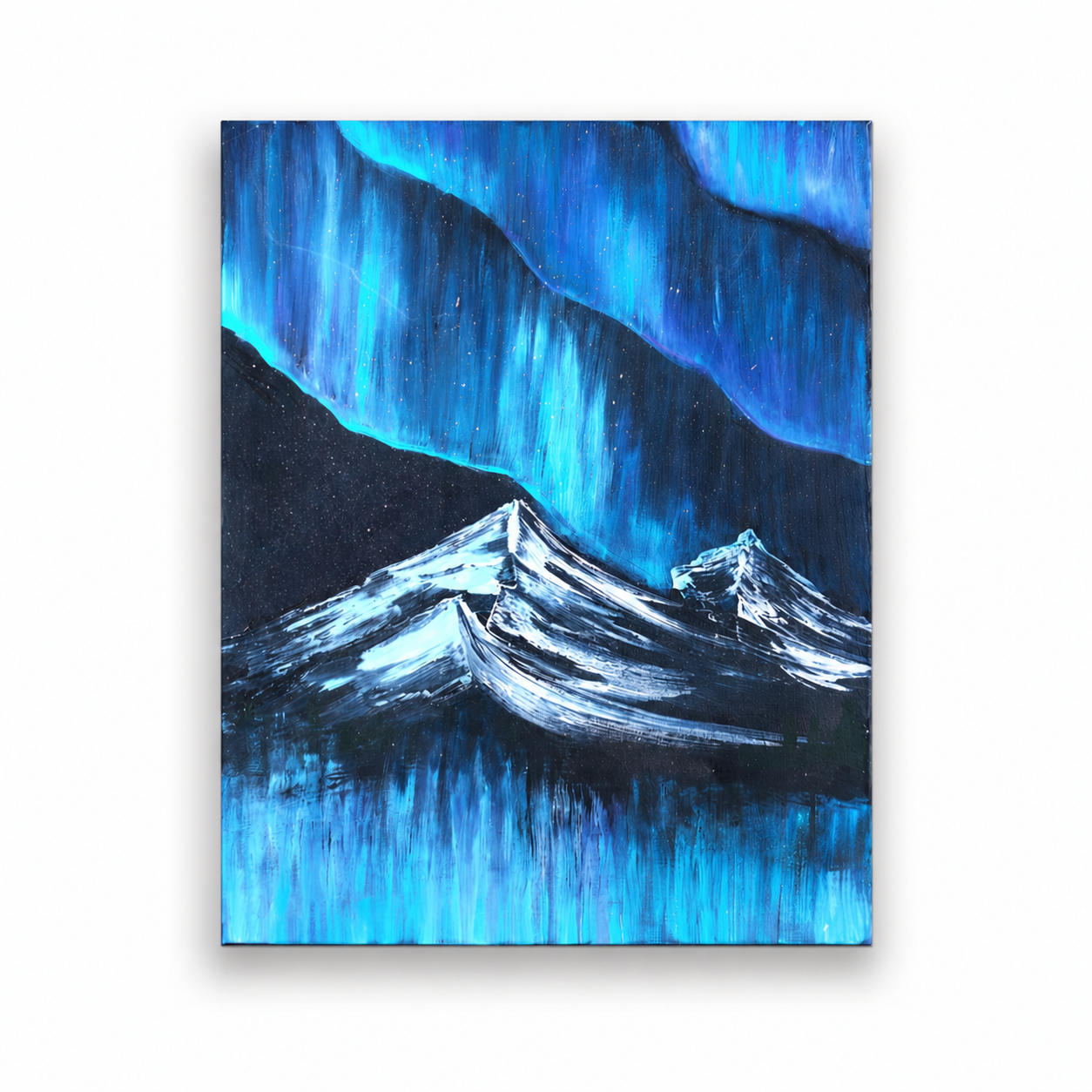 Painting of a mountain landscape with blue light effects on a white background