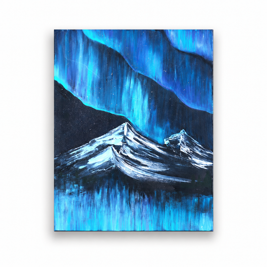 Painting of a mountain landscape with blue light effects on a white background