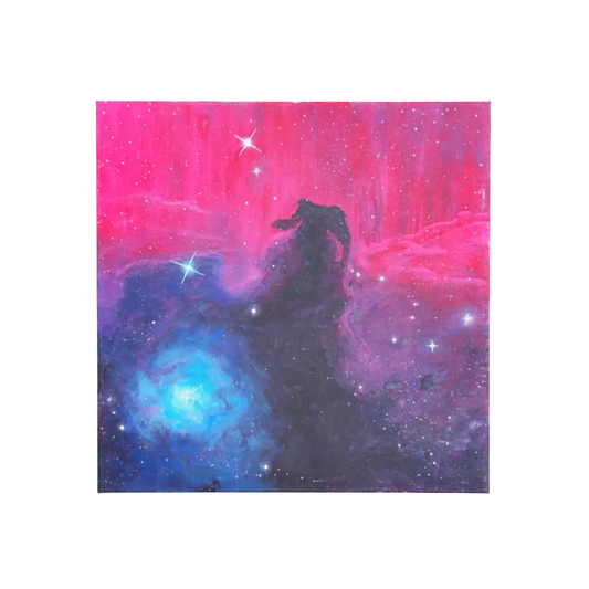 Canvas print of a cosmic scene with a silhouette of a person against a vibrant pink and blue nebula.