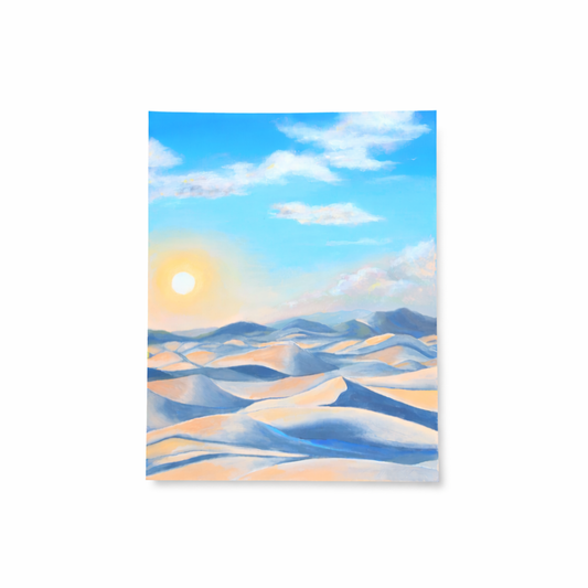Poster of a desert landscape with sand dunes and a blue sky.