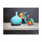 Still life painting with a turquoise vase, glass, and oranges on a wooden surface.