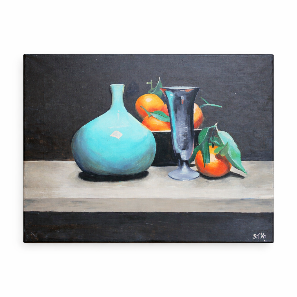 Still life painting with a turquoise vase, glass, and oranges on a wooden surface.
