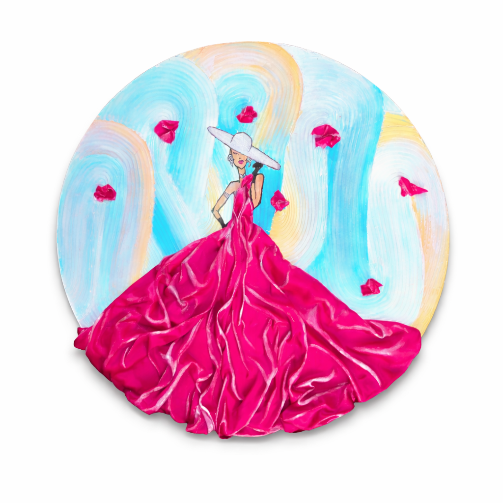 Circular artwork of a woman in a pink dress with a colorful abstract background
