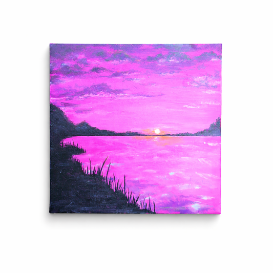 Canvas print of a sunset over water with a purple sky.